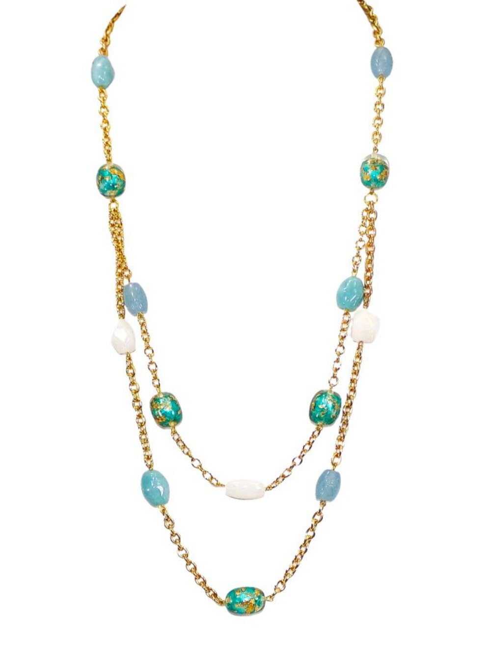 Turquoise & White Double Strand Necklace Gold Leaf Beads Gold Plated 30” Elegant